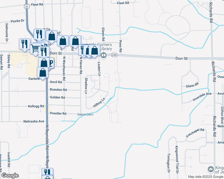 map of restaurants, bars, coffee shops, grocery stores, and more near 908 Hilltop Lane in Toledo