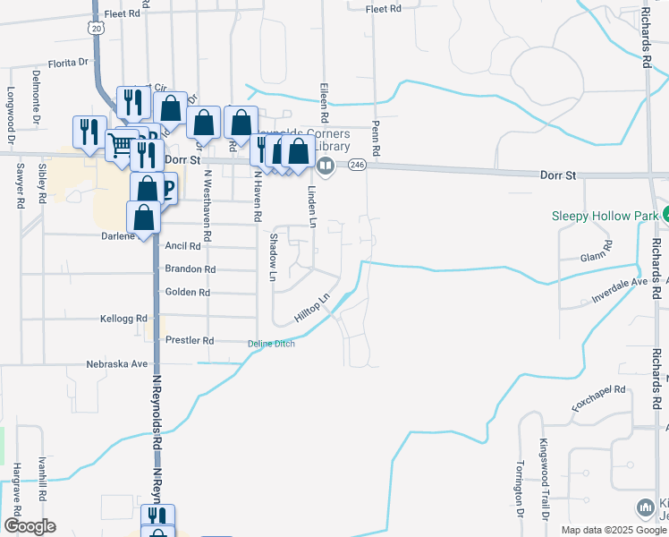 map of restaurants, bars, coffee shops, grocery stores, and more near 821 Hilltop Lane in Toledo