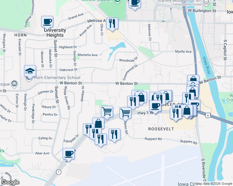 map of restaurants, bars, coffee shops, grocery stores, and more near 814 Benton Drive in Iowa City