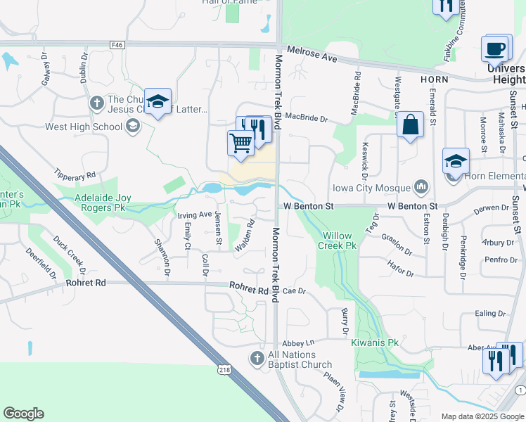 map of restaurants, bars, coffee shops, grocery stores, and more near 2444 Shady Glen Court in Iowa City