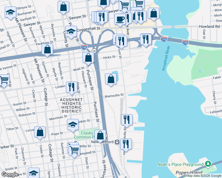 map of restaurants, bars, coffee shops, grocery stores, and more near 61 Wamsutta Street in New Bedford