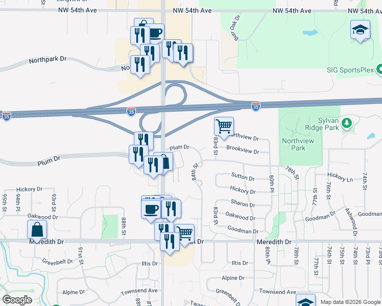 map of restaurants, bars, coffee shops, grocery stores, and more near 8410 Plum Drive in Urbandale