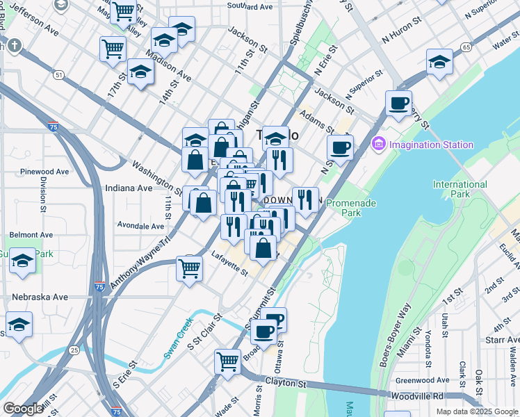 map of restaurants, bars, coffee shops, grocery stores, and more near in Toledo