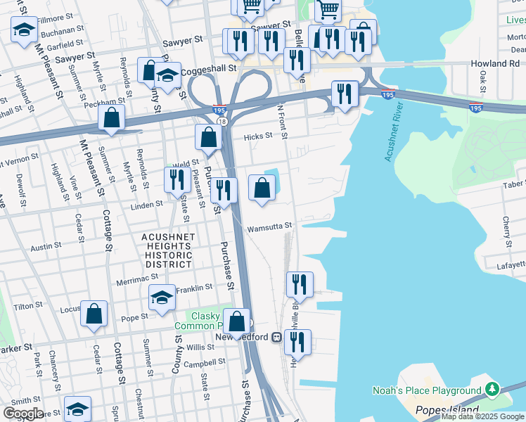 map of restaurants, bars, coffee shops, grocery stores, and more near 61 Wamsutta Street in New Bedford