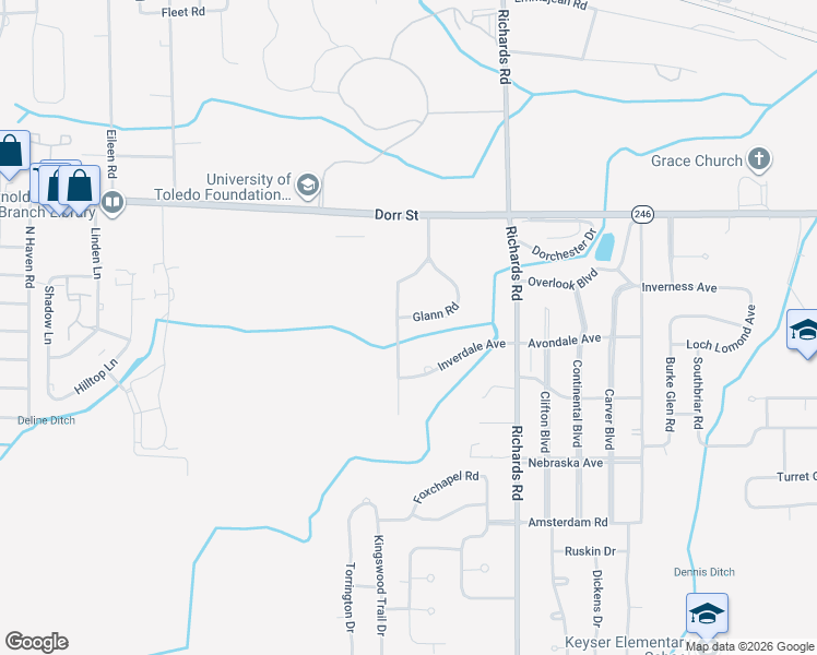 map of restaurants, bars, coffee shops, grocery stores, and more near 4345 Glann Road in Toledo