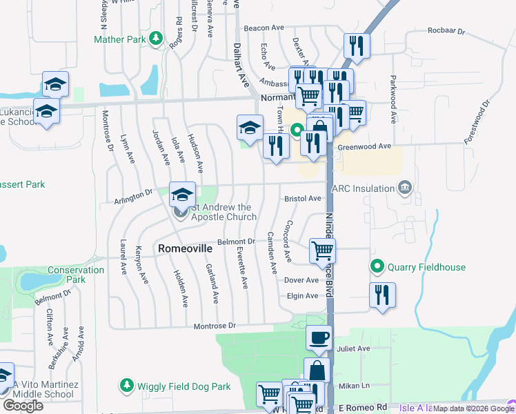 map of restaurants, bars, coffee shops, grocery stores, and more near 513 Dalhart Avenue in Romeoville