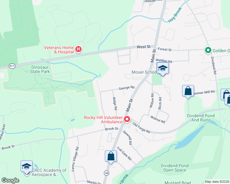 map of restaurants, bars, coffee shops, grocery stores, and more near 24 Ridge Road in Rocky Hill