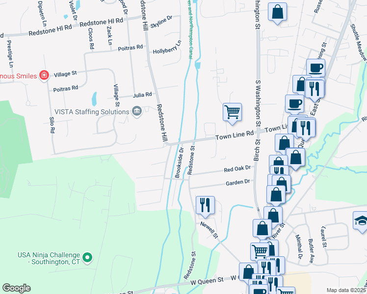 map of restaurants, bars, coffee shops, grocery stores, and more near 6 Brookside Drive in Southington