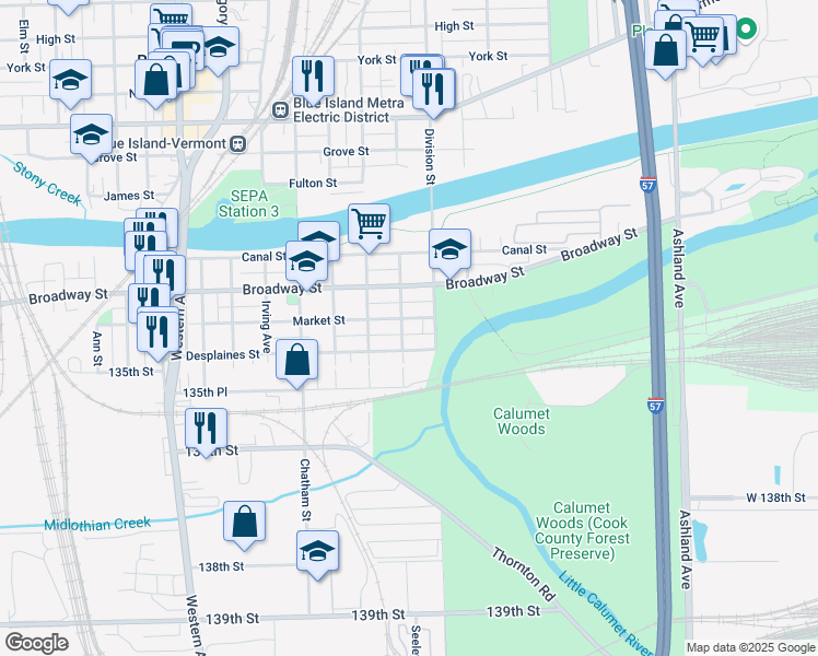 map of restaurants, bars, coffee shops, grocery stores, and more near 2006 Desplaines Street in Blue Island