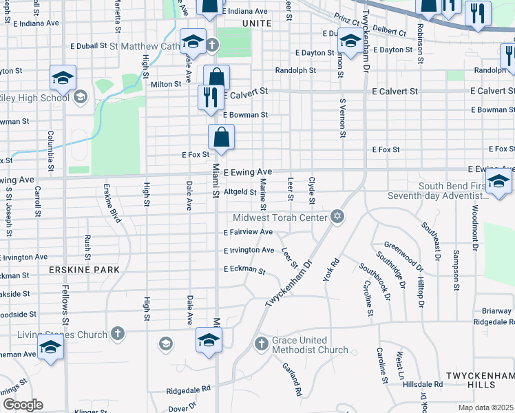 map of restaurants, bars, coffee shops, grocery stores, and more near 2501-2549 Marine Street in South Bend