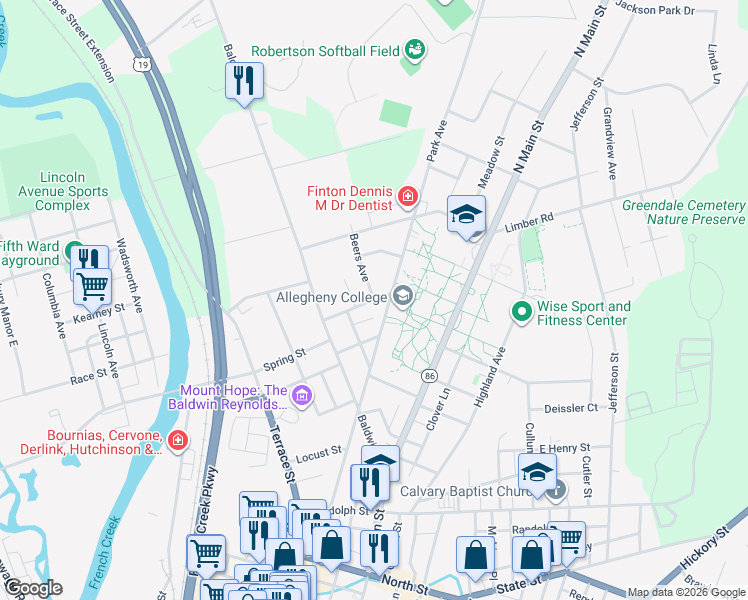 map of restaurants, bars, coffee shops, grocery stores, and more near 322 Prospect St in Meadville