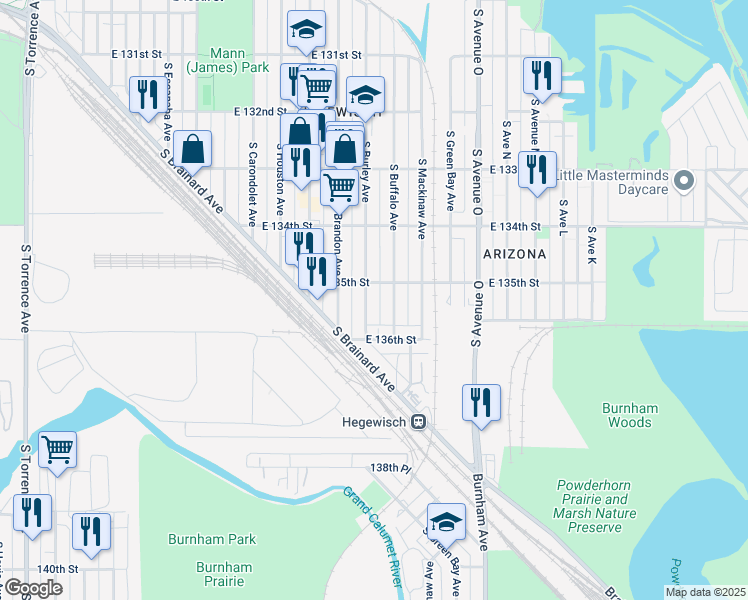 map of restaurants, bars, coffee shops, grocery stores, and more near 13533 South Burley Avenue in Chicago