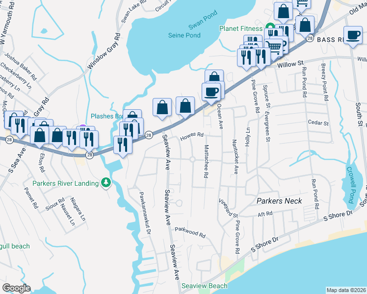 map of restaurants, bars, coffee shops, grocery stores, and more near 23 Thatcher Road in Yarmouth