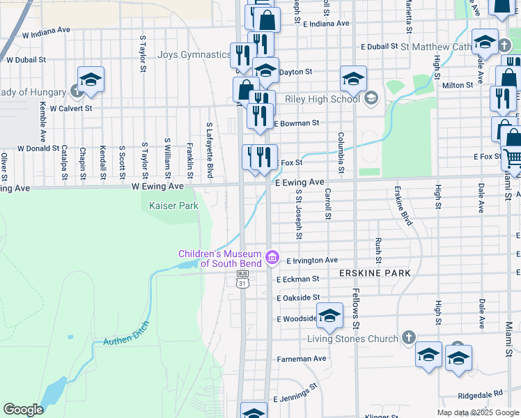 map of restaurants, bars, coffee shops, grocery stores, and more near 2421 South Michigan Street in South Bend