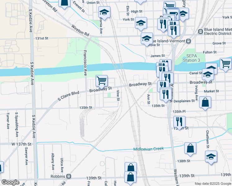 map of restaurants, bars, coffee shops, grocery stores, and more near 2743 Desplaines Street in Blue Island