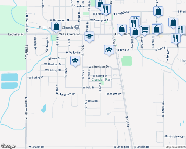 map of restaurants, bars, coffee shops, grocery stores, and more near 317 West Spring Street in Eldridge