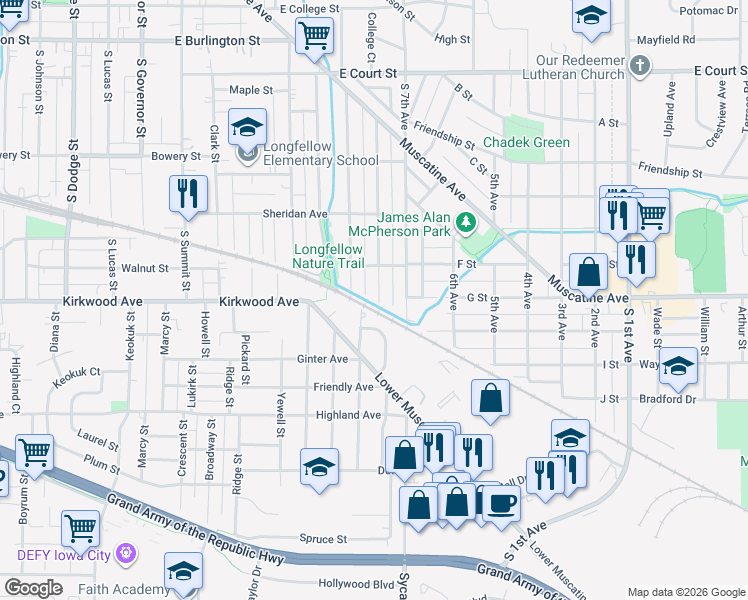map of restaurants, bars, coffee shops, grocery stores, and more near 1105 Pine Street in Iowa City