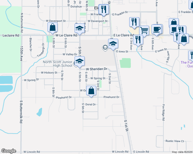 map of restaurants, bars, coffee shops, grocery stores, and more near 601-615 South 3rd Street in Eldridge