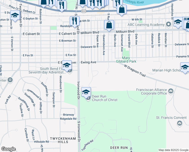 map of restaurants, bars, coffee shops, grocery stores, and more near Blossom Drive in Mishawaka