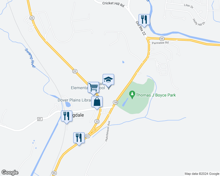 map of restaurants, bars, coffee shops, grocery stores, and more near 6413 State Route 55 in Wingdale