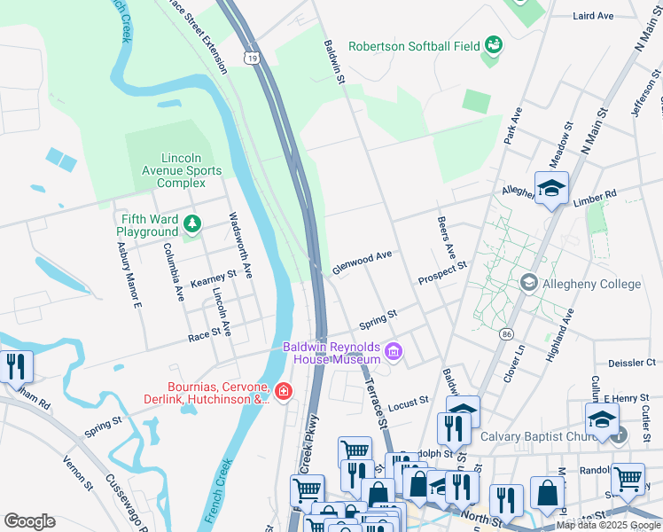 map of restaurants, bars, coffee shops, grocery stores, and more near French Creek Parkway in Meadville