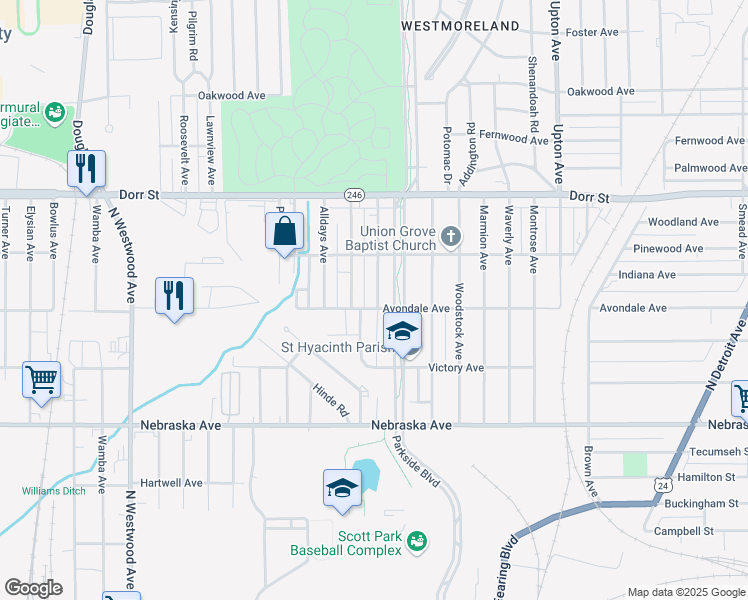 map of restaurants, bars, coffee shops, grocery stores, and more near 830 North University Avenue in Toledo