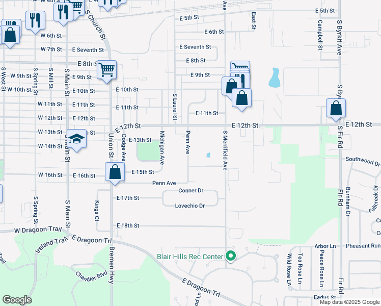 map of restaurants, bars, coffee shops, grocery stores, and more near 1317 Penn Avenue in Mishawaka