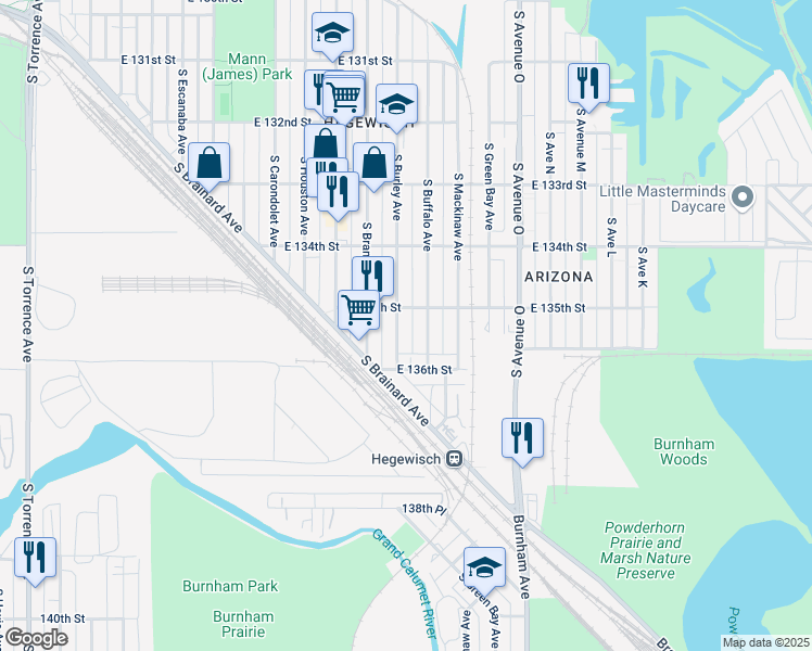 map of restaurants, bars, coffee shops, grocery stores, and more near 13533 South Burley Avenue in Chicago