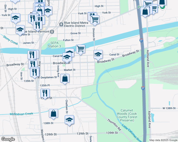 map of restaurants, bars, coffee shops, grocery stores, and more near 2006 Desplaines Street in Blue Island