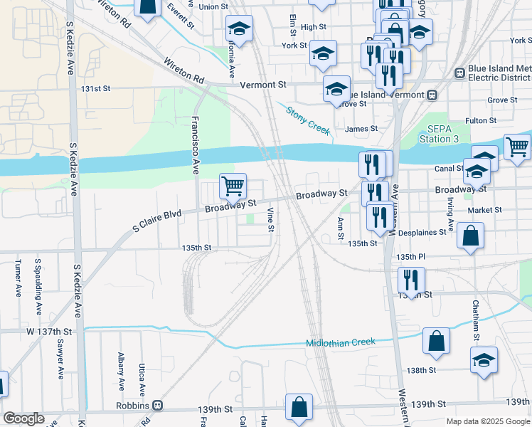 map of restaurants, bars, coffee shops, grocery stores, and more near 2743 Desplaines Street in Blue Island