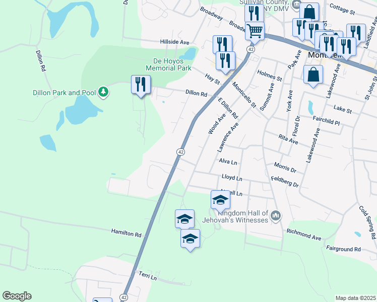 map of restaurants, bars, coffee shops, grocery stores, and more near 131 Forestburgh Road in Monticello
