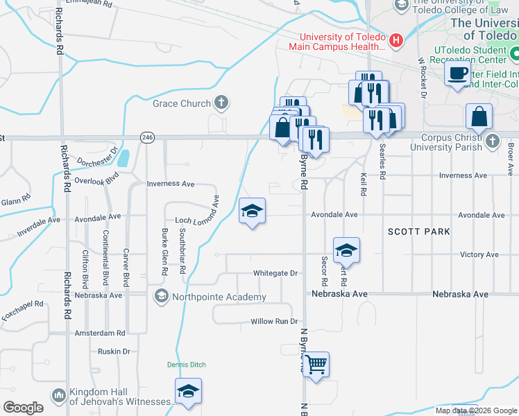 map of restaurants, bars, coffee shops, grocery stores, and more near 1001 North Byrne Road in Toledo