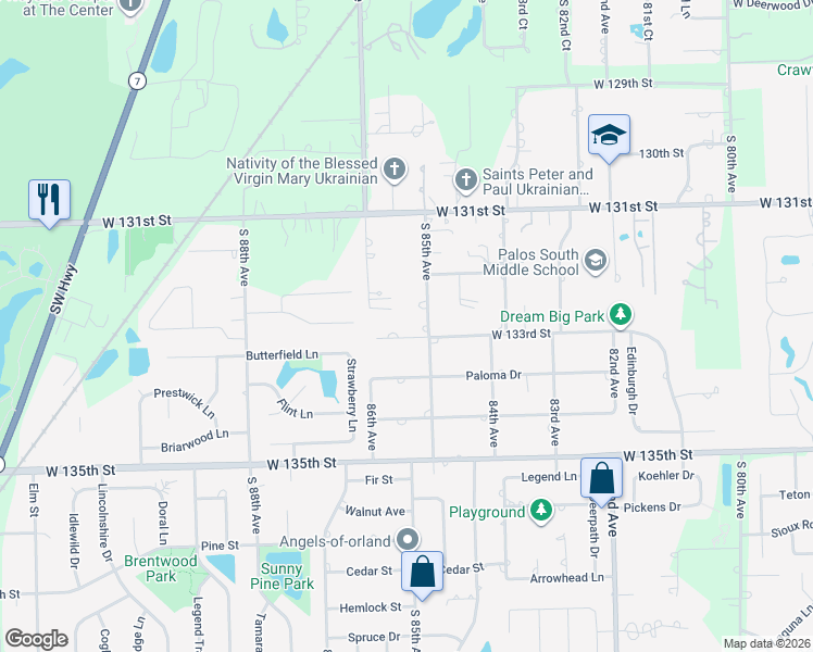 map of restaurants, bars, coffee shops, grocery stores, and more near 8525 West 133rd Street in Orland Park