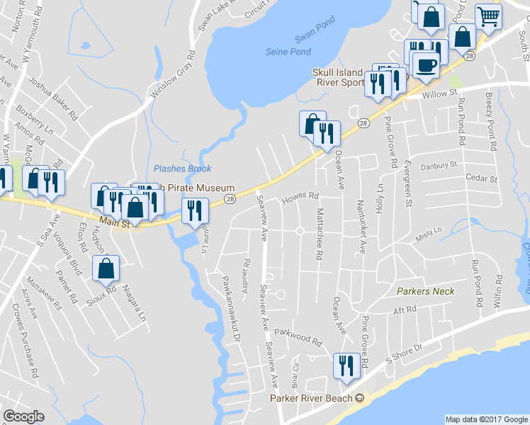 map of restaurants, bars, coffee shops, grocery stores, and more near 22 Seaview Avenue in Yarmouth