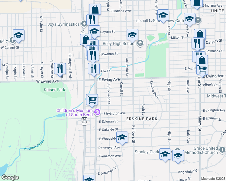 map of restaurants, bars, coffee shops, grocery stores, and more near 217 East Victoria Street in South Bend