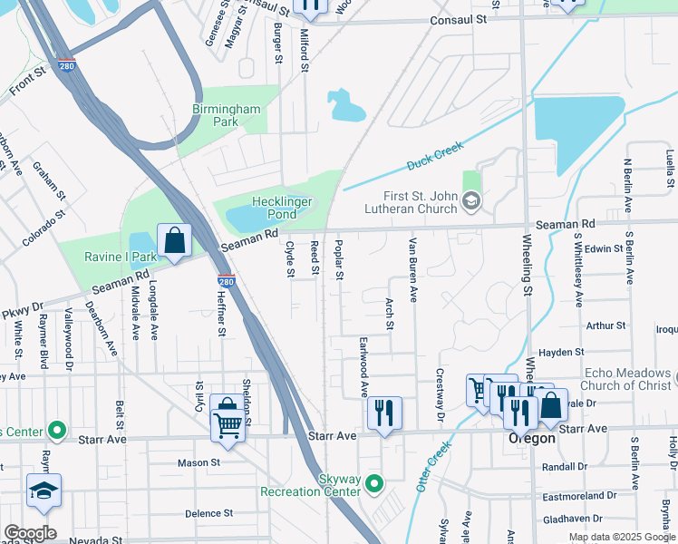 map of restaurants, bars, coffee shops, grocery stores, and more near 48 Poplar Street in Toledo