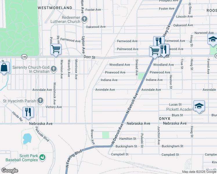 map of restaurants, bars, coffee shops, grocery stores, and more near 1661 Avondale Avenue in Toledo