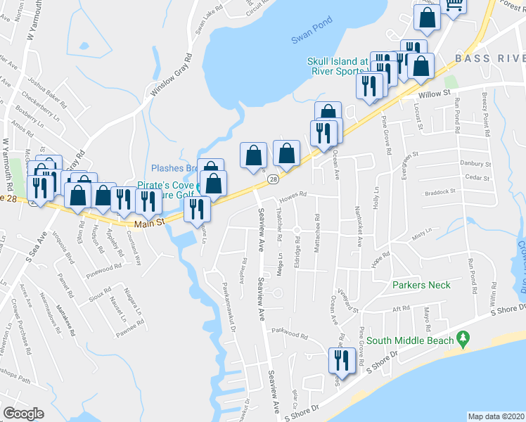 map of restaurants, bars, coffee shops, grocery stores, and more near 20 Seaview Avenue in Yarmouth