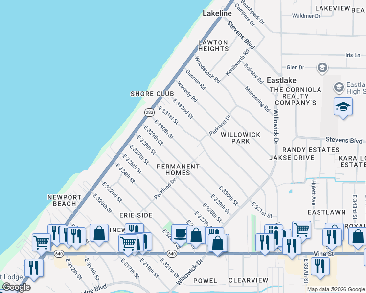 map of restaurants, bars, coffee shops, grocery stores, and more near 328 East 330th Street in Willowick