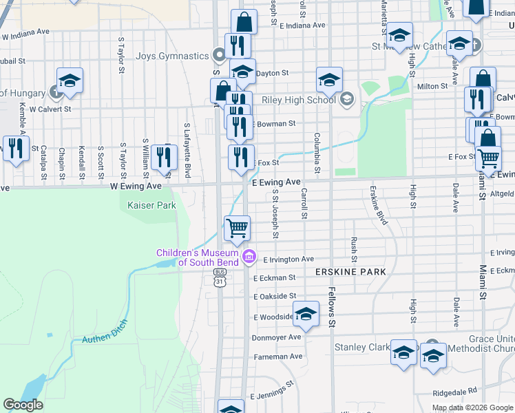 map of restaurants, bars, coffee shops, grocery stores, and more near 123 East Victoria Street in South Bend