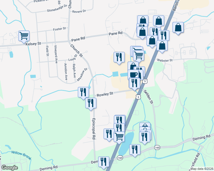 map of restaurants, bars, coffee shops, grocery stores, and more near 28 Willow Ln in Newington