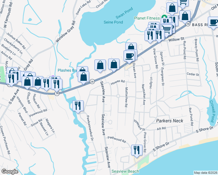 map of restaurants, bars, coffee shops, grocery stores, and more near 23 Thatcher Road in Yarmouth