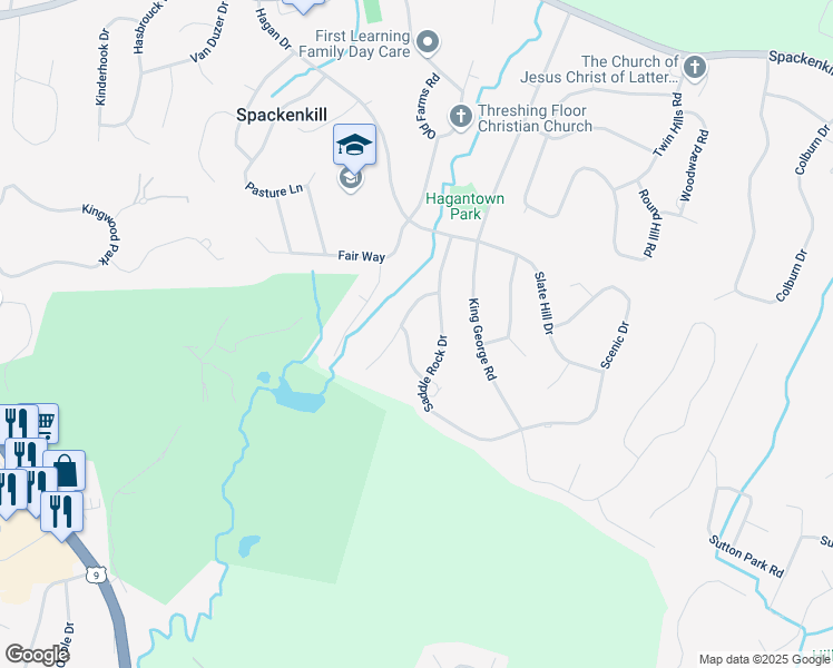 map of restaurants, bars, coffee shops, grocery stores, and more near 7 Bridle Lane in Poughkeepsie