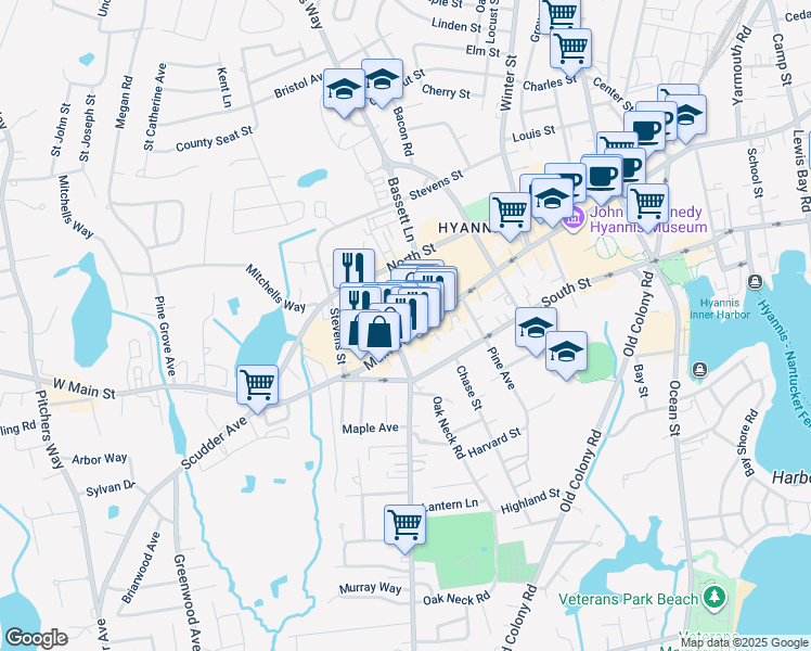 map of restaurants, bars, coffee shops, grocery stores, and more near 640 Main Street in Barnstable