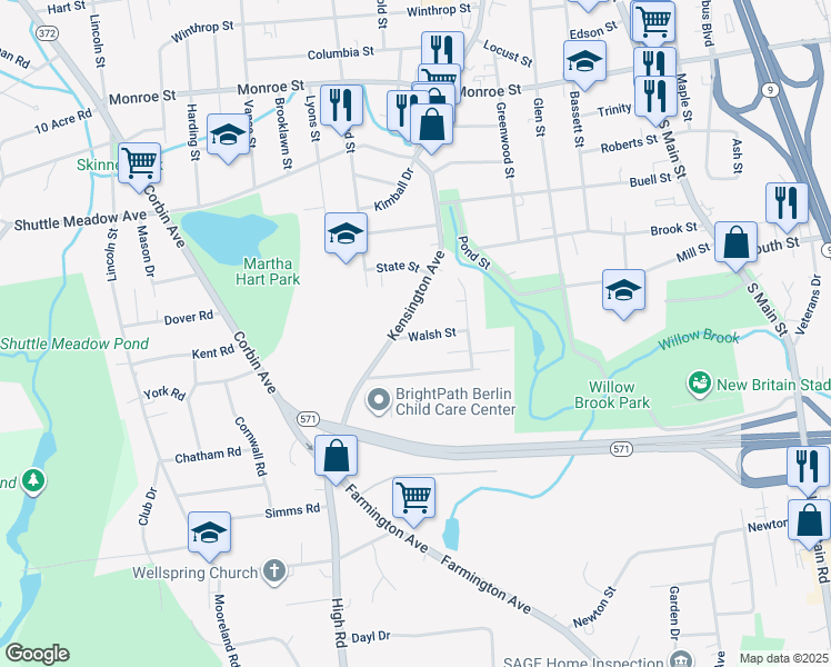 map of restaurants, bars, coffee shops, grocery stores, and more near 66 Clinic Drive in New Britain