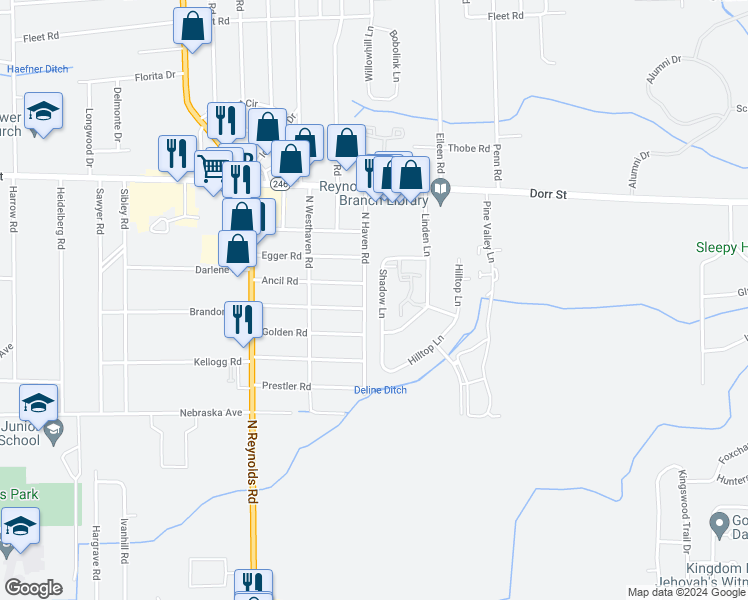 map of restaurants, bars, coffee shops, grocery stores, and more near 917 Shadow Lane in Toledo