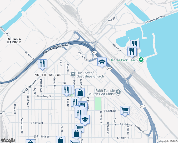 map of restaurants, bars, coffee shops, grocery stores, and more near 3529 Guthrie Street in East Chicago