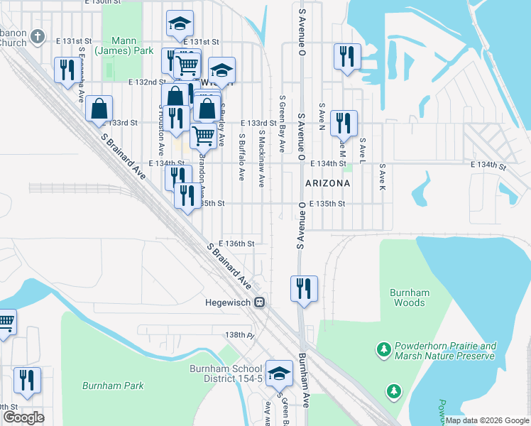 map of restaurants, bars, coffee shops, grocery stores, and more near 13539 South Mackinaw Avenue in Chicago
