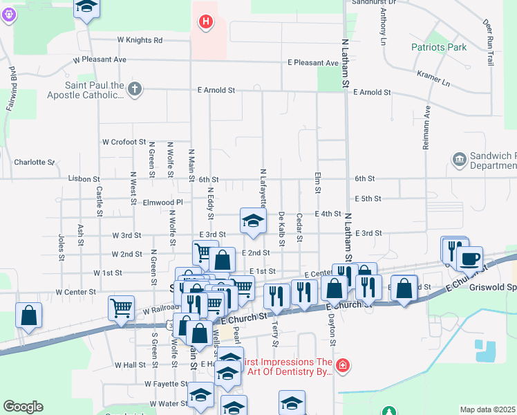 map of restaurants, bars, coffee shops, grocery stores, and more near 324 North Lafayette Street in Sandwich