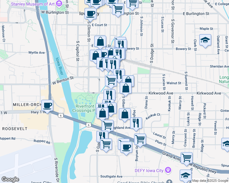 map of restaurants, bars, coffee shops, grocery stores, and more near 301 Kirkwood Avenue in Iowa City